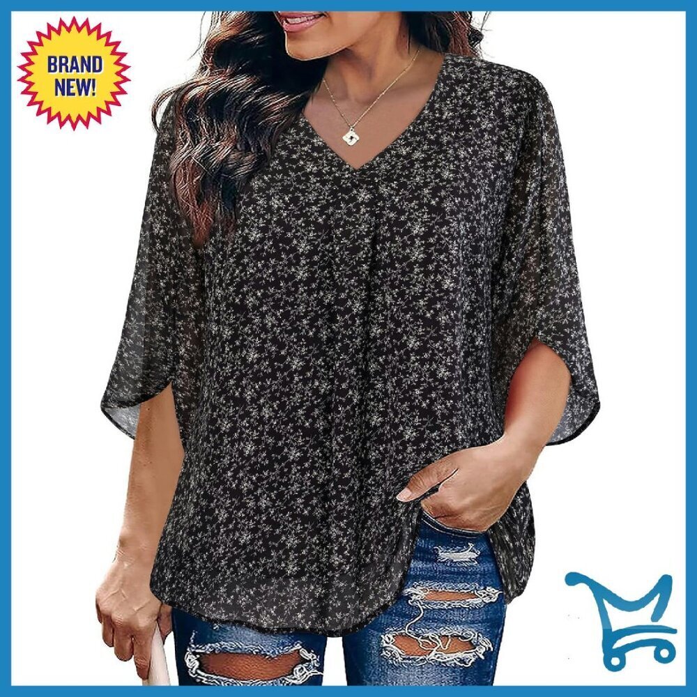 Plus Size Chiffon Blouse 3/4 Sleeve V-Neck Loose Fit Tunic Top